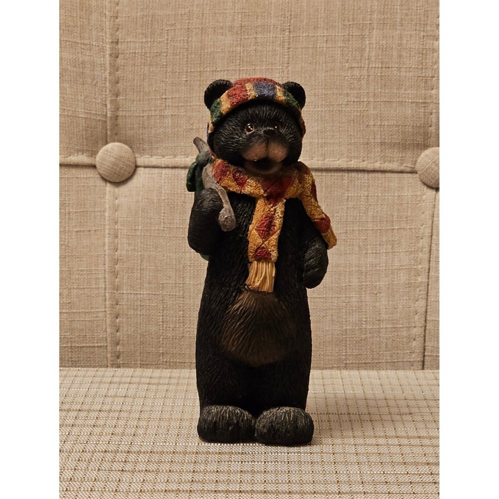 Vintage Sandicast 6X2 Black Bear Figurine with scarf, winter‎ hat, bag on stick